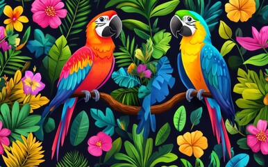 In a vibrant botanical setting, colorful tropical parrots perch on branches surrounded by lush foliage