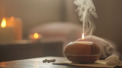 Soothing Ambiance with Lit Incense Candle and Warm Lighting for Relaxation and Wellness