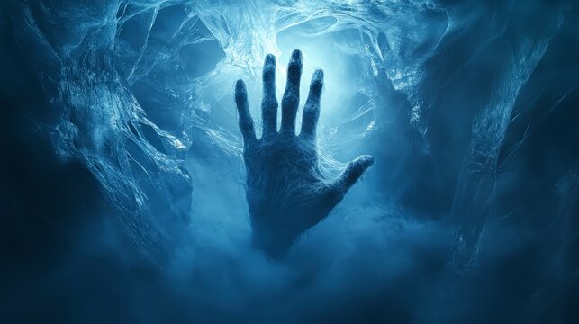 Hand reaching out through ethereal mist in a mysterious atmosphere