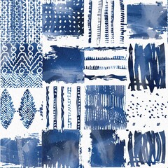 Modern blue white irregular beach patched shape mix for summer doodle beachwear design. Coastal mariner background for seaside living style in repeatable tile.