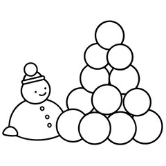 A pile of snowballs stacked beside a snowman