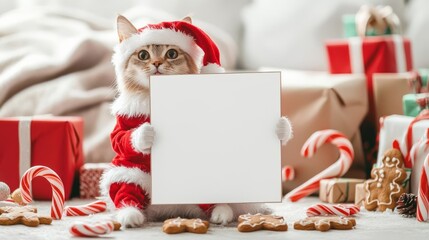 Cat dressed as Santa holding a blank poster with candy canes and gingerbread cookies around, playful Christmas mock-up for pet-themed promotions