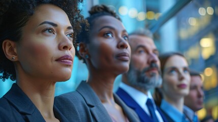 Fototapeta premium Diverse group of professionals in business attire standing confidently in modern office lobby, symbolizing dynamic labor market and urban work environment.