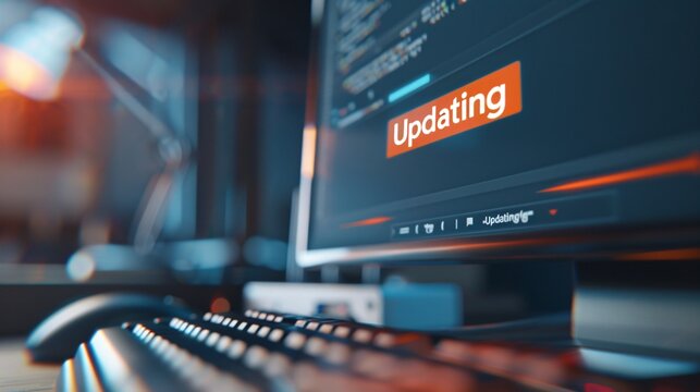 Close-up of computer screen showing software update progress bar with "Updating" text, keyboard and mouse visible in blurred background, modern technology and digital transformation concept.