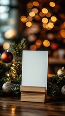 Christmas card mockup on a wooden stand with a blurred festive background, featuring warm holiday lights, ornaments, and pine branches, perfect for seasonal branding or greeting card promotions