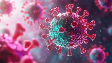 Microscopic Virus Cells with Red Spikes