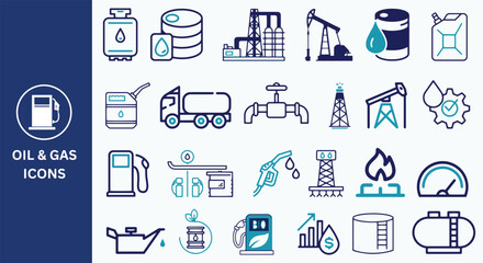 Oil And Gas Icon Set. Oil well, oil barrel, gas pump, offshore, platform fuel refinery icons.