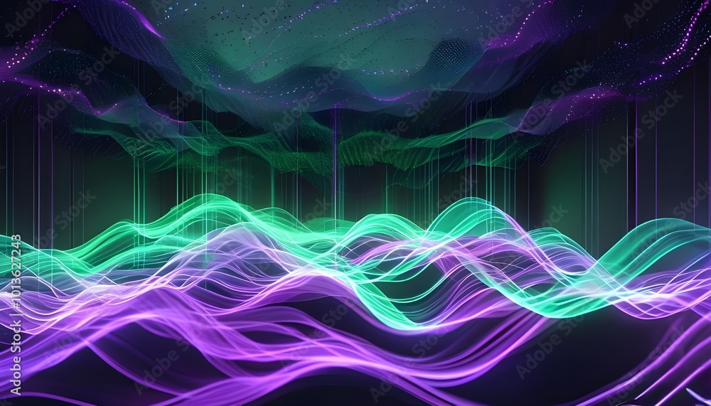 Poster abstract design with flowing lines and fractal waves in blue, purple, and pink tones, creating a smo