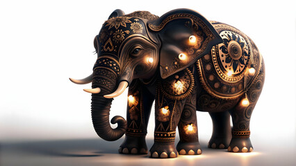 Abstract Diwali elephant with glowing traditional patterns isolated on a white background concept as An abstract vector featuring a Diwali elephant adorned with glowing traditional patterns isolated o