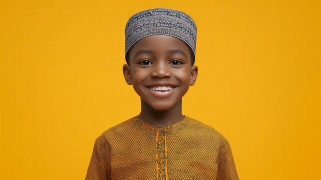Smiling child in traditional attire against a vibrant yellow background