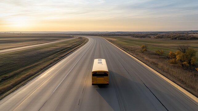 A solitary yellow school bus drives along a deserted highway in the Great Plains as the sun sets, creating a dramatic sky filled with warm colors and soft light - Powered by Adobe