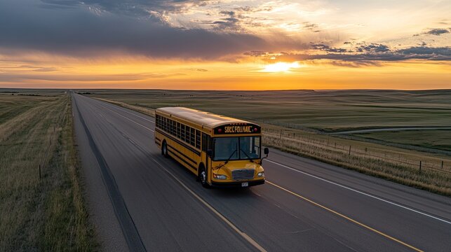 A solitary yellow school bus drives along a deserted highway in the Great Plains as the sun sets, creating a dramatic sky filled with warm colors and soft light