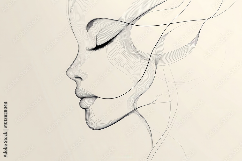 Poster delicate, flowing lines gracefully form the outline of a female face against a neutral backdrop, emb