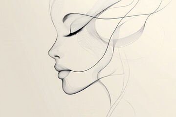 Delicate, flowing lines gracefully form the outline of a female face against a neutral backdrop, embodying abstract artistic expression. Generative AI