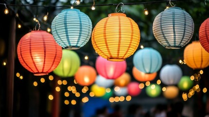 Fototapeta premium Colorful paper lanterns hanging with string lights in outdoor nighttime setting