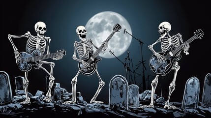 Skeleton band performing under full moon in graveyard at night
