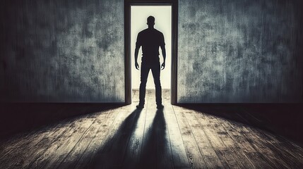 Obraz premium Silhouetted figure standing in doorway with dramatic shadow on floor