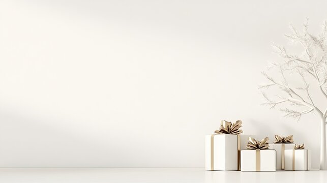 A cozy bedroom features a neatly arranged Christmas tree decorated with ornaments, surrounded by stylish gift boxes against a white wall backdrop for a festive touch