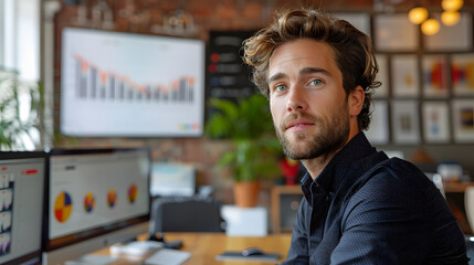 Fototapeta premium A young professional man in a modern office setting, looking confidently at the camera with charts and graphs displayed on computer screens