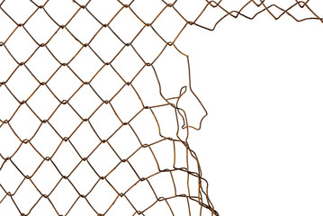 The texture of the metal mesh. Torn, destroyed, broken metal mesh on a white background