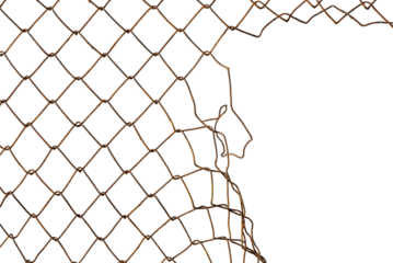 The texture of the metal mesh. Torn, destroyed, broken metal mesh on a white background