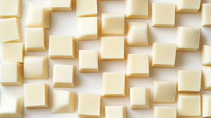 A close-up of butter cubes neatly arranged on a white background. The smooth, creamy texture of the butter is emphasized in a simple, elegant setting.