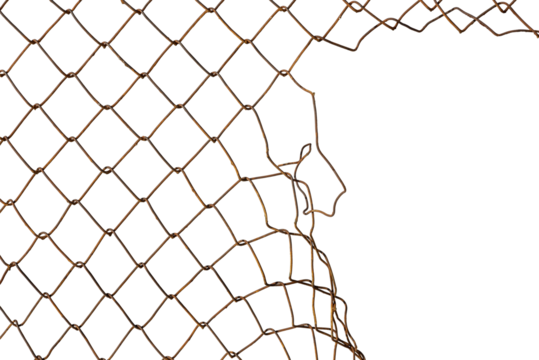 The texture of the metal mesh. Torn, destroyed, broken metal mesh on a white background