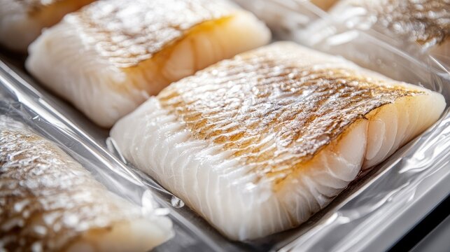 A close-up of cod fillets in sealed packaging on a white background, highlighting their freshness and appeal for healthy eating concepts.