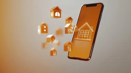 Smartphone screen displaying house icons in a digital real estate concept
