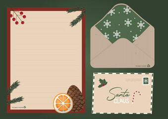 Eco-Friendly Christmas Stationery Set with Festive Designs. Sustainable holiday stationery featuring a letter template, envelope, and Santa Claus card. Sustainable christmas letters.