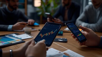 Business people using smartphones displaying forex diagrams and candlesticks, highlighting modern finance and trading in a meeting setting
