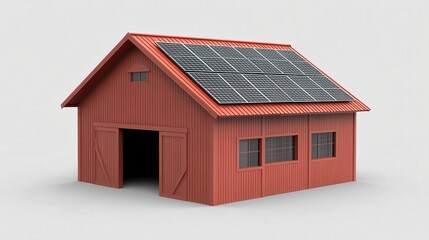 Red barn with solar panels on roof in rural setting