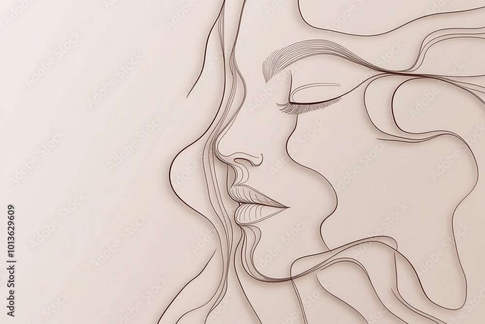 Poster elegant lines intertwine to form a peaceful female face, capturing movement and beauty in a subtle, 