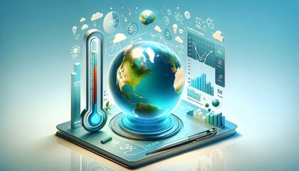 Flat Glossy Globe and Thermometer with Floating Holographic Climate Data for Climate Change Communication - Simple Vector Illustration