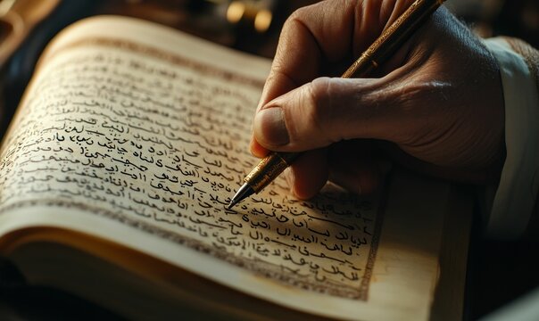 Hand writing Arabic text with a pen.