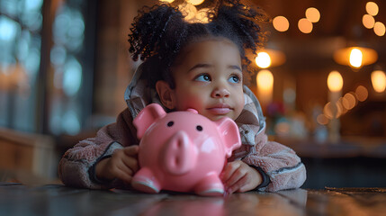 A young girl with a thoughtful expression, holding a pink piggy bank, symbolizing childhood savings, financial education, and future planning