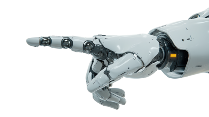 Futuristic White Robotic Arm Pointing, Sleek Mechanical Hand Gesture, Advanced Technology Concept, AI and Automation Innovation, Prosthetic on Light Background
