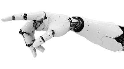 Futuristic White Robotic Arm Pointing, Sleek Mechanical Hand Gesture, Advanced Technology Concept, AI and Automation Innovation, Prosthetic on Light Background