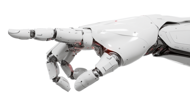 Futuristic White Robotic Arm Pointing, Sleek Mechanical Hand Gesture, Advanced Technology Concept, AI and Automation Innovation, Prosthetic on Light Background
