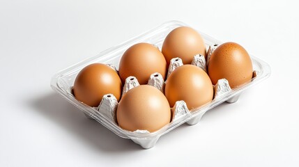 A pack of six eggs in plastic packaging, resting on a white surface. The simple presentation emphasizes the freshness and ready-for-sale appeal of the eggs.