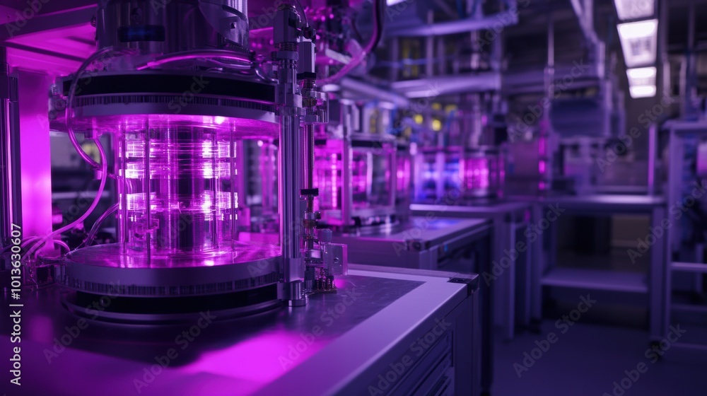 Poster quantum computing core in purple, advanced technology setup, secure cryptography environment, innova