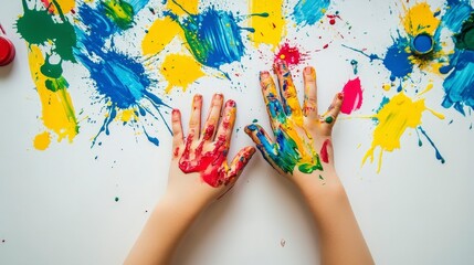 Children's hands covered in paint on a colorful splattered background