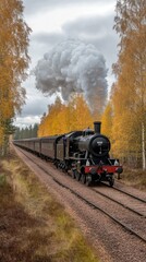 The steam train moves steadily along the tracks, billowing smoke while flanked by vibrant green trees, evoking nostalgia for classic railway journeys in nature