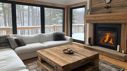 Cozy loft-style cabin living room with a large sectional sofa, reclaimed wood coffee table, and a fireplace creating a warm, inviting space