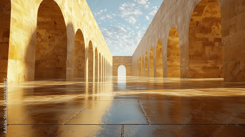 Poster ancient glossy tile surface with arched architecture