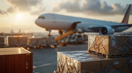 Efficient air cargo logistics are showcased as containers are loaded onto plane at sunset, highlighting dynamic nature of transportation and trade
