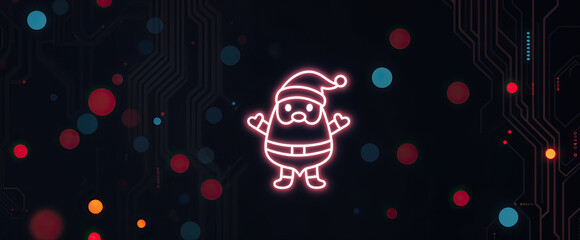 neon cute xmas christmas santa claus outline sign on dark  technology circuit board background with colorful bokeh lights