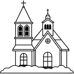 A snow-covered church with a bell tower