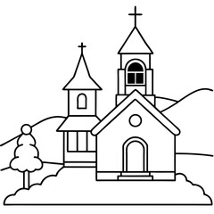 A snow-covered church with a bell tower