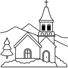 A snow-covered church with a bell tower